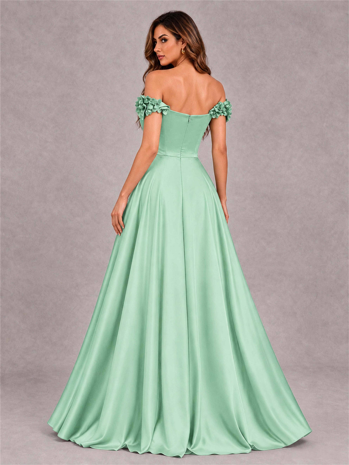 3D Flower Off the Shoulder A Line Satin Pleated Evening Dress with Split Side