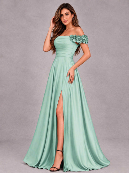 3D Flower Off the Shoulder A Line Satin Pleated Evening Dress with Split Side