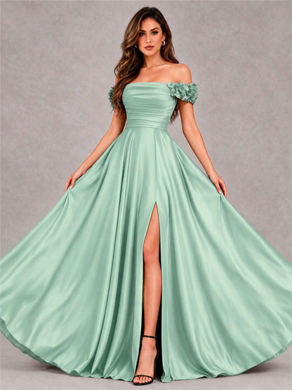 3D Flower Off the Shoulder A Line Satin Pleated Evening Dress with Split Side