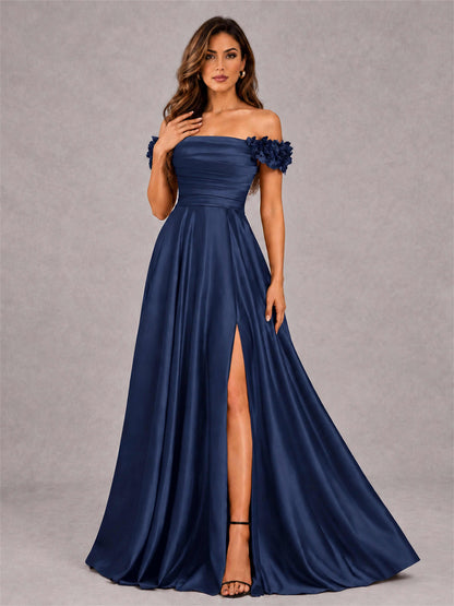 3D Flower Off the Shoulder A Line Satin Pleated Evening Dress with Split Side