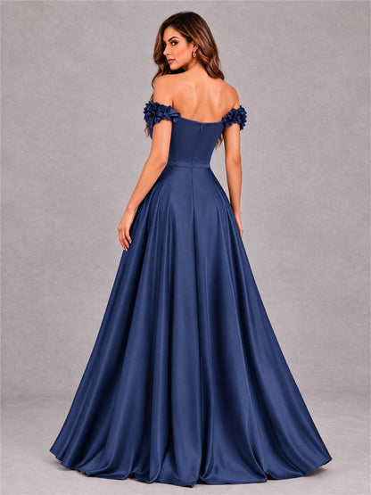3D Flower Off the Shoulder A Line Satin Pleated Evening Dress with Split Side