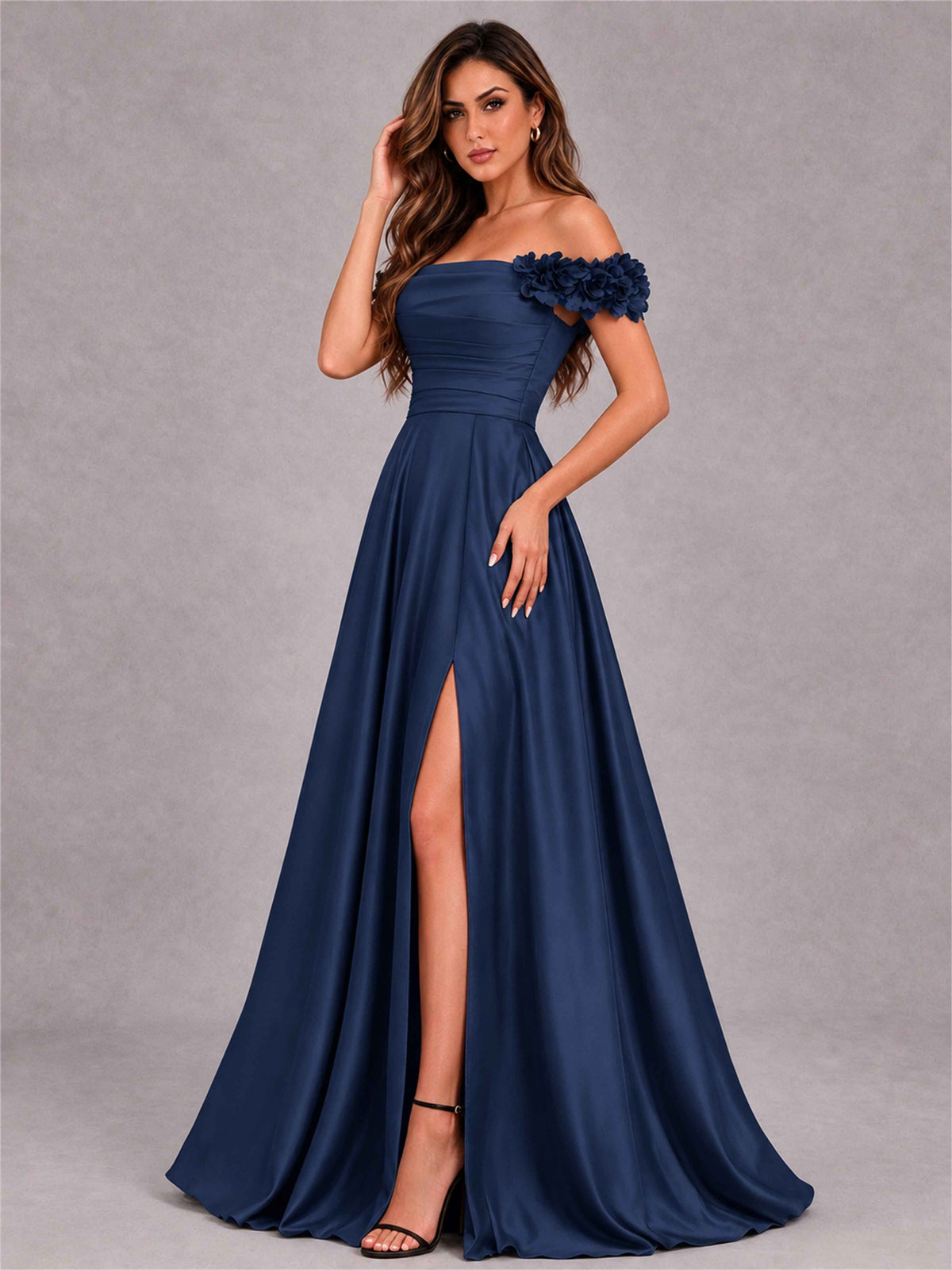 3D Flower Off the Shoulder A Line Satin Pleated Evening Dress with Split Side