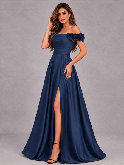 3D Flower Off the Shoulder A Line Satin Pleated Evening Dress with Split Side