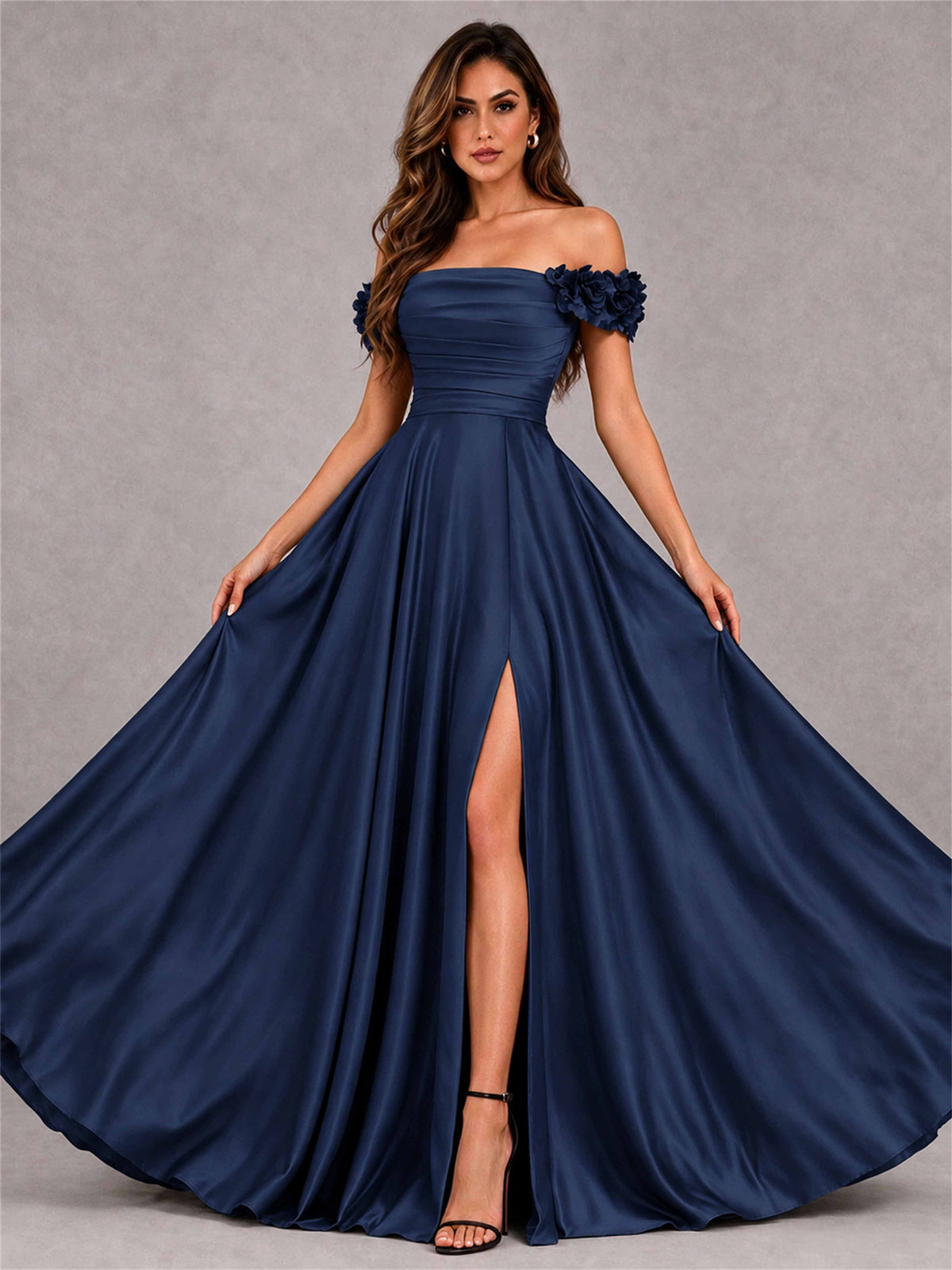3D Flower Off the Shoulder A Line Satin Pleated Evening Dress with Split Side