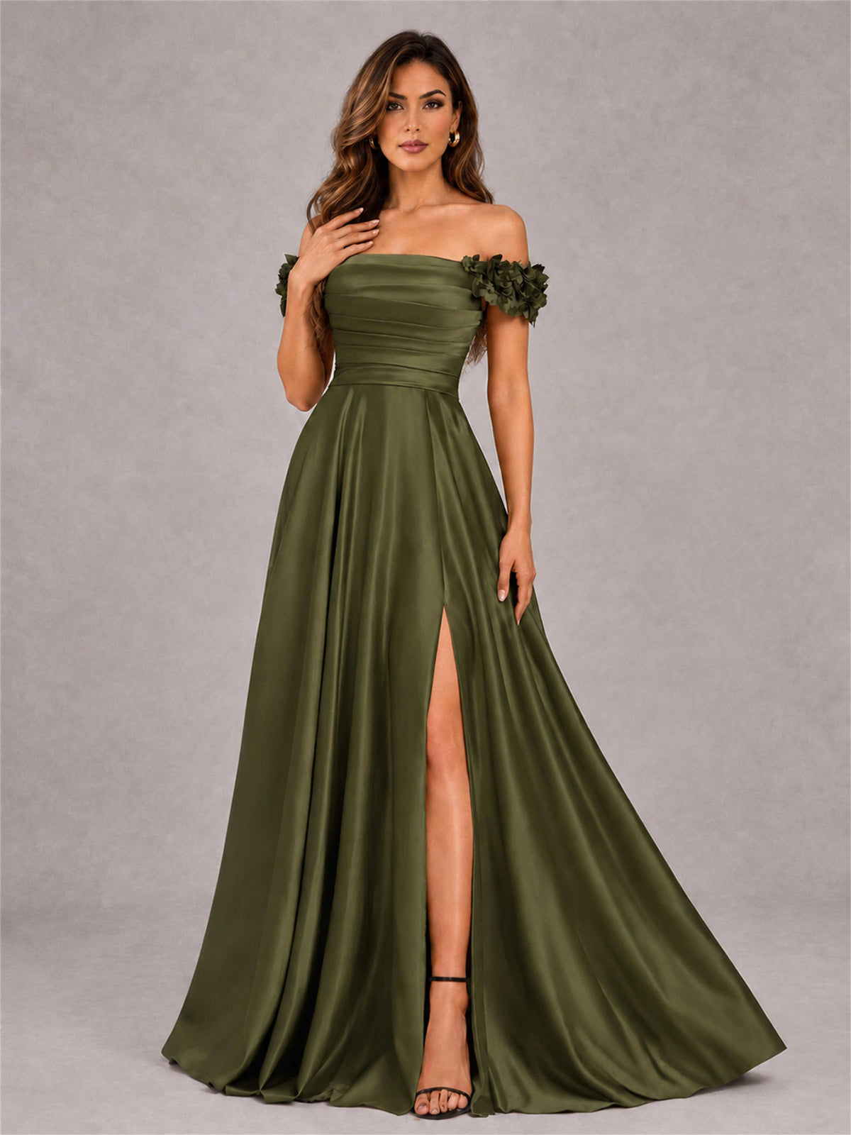 3D Flower Off the Shoulder A Line Satin Pleated Evening Dress with Split Side