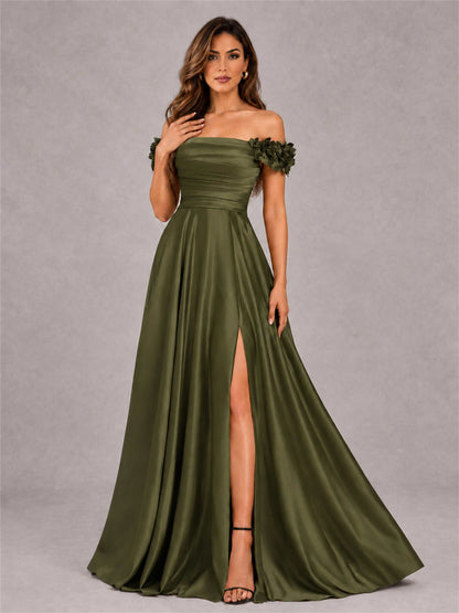 3D Flower Off the Shoulder A Line Satin Pleated Evening Dress with Split Side