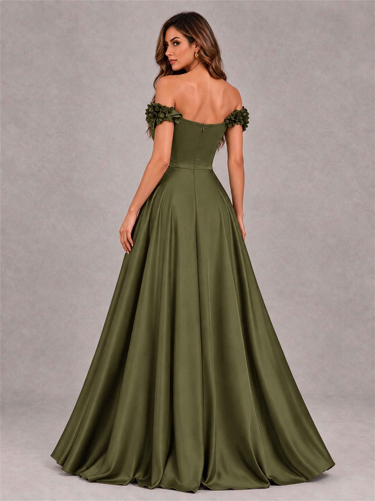 3D Flower Off the Shoulder A Line Satin Pleated Evening Dress with Split Side
