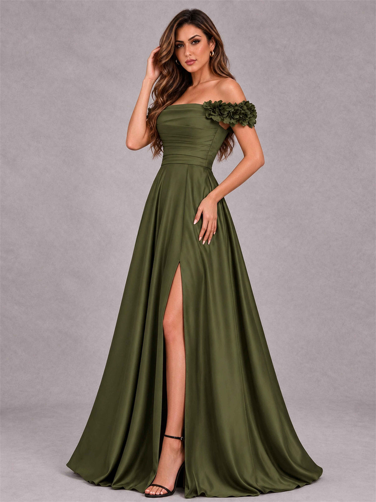 3D Flower Off the Shoulder A Line Satin Pleated Evening Dress with Split Side