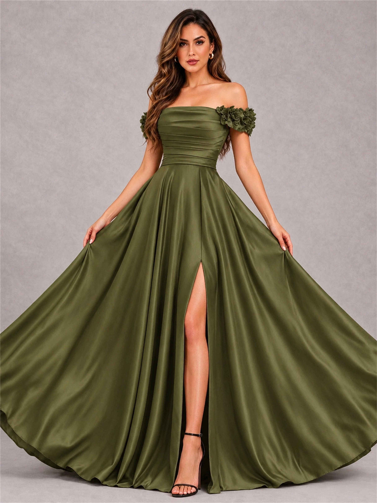 3D Flower Off the Shoulder A Line Satin Pleated Evening Dress with Split Side