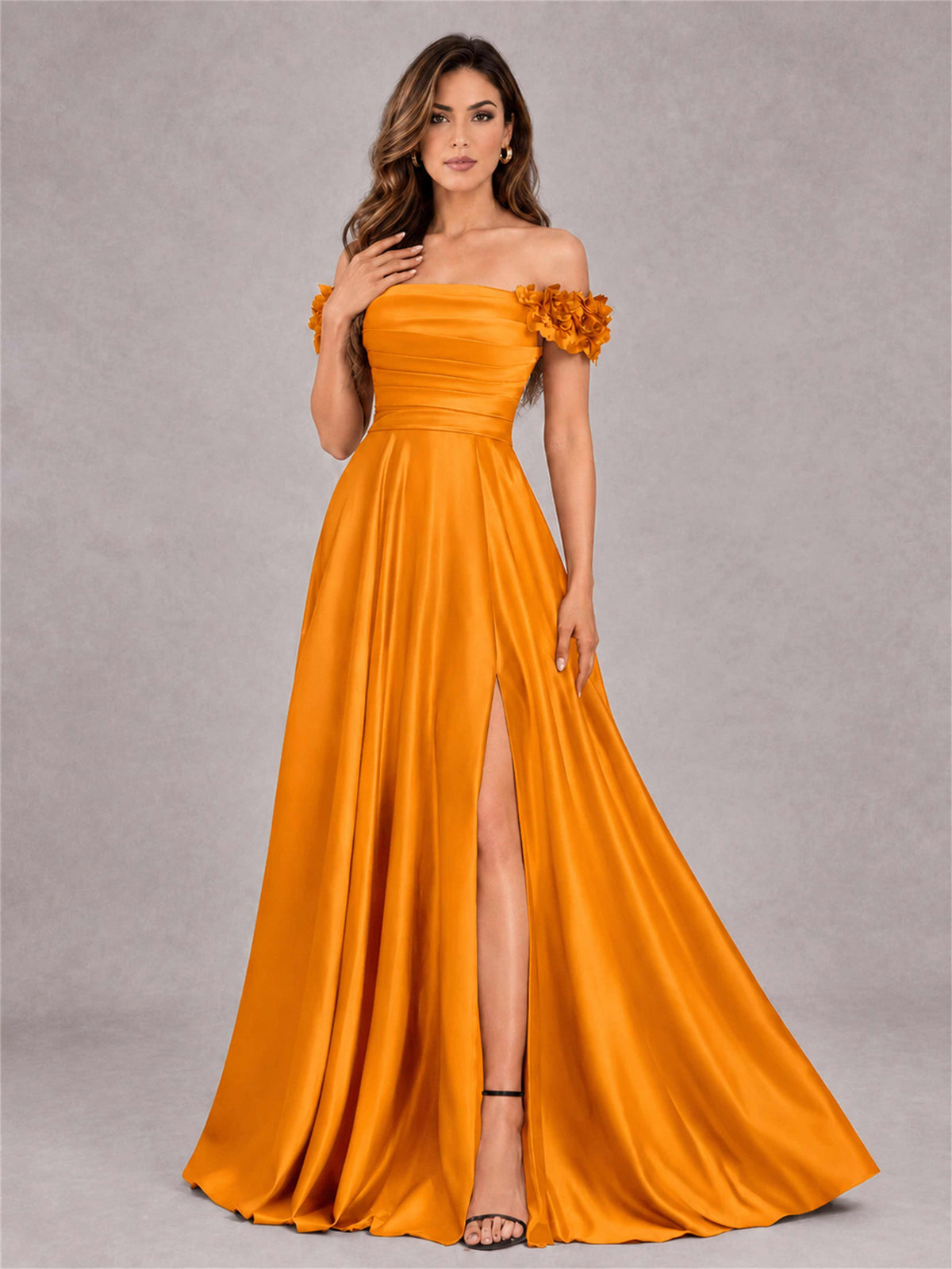 3D Flower Off the Shoulder A Line Satin Pleated Evening Dress with Split Side