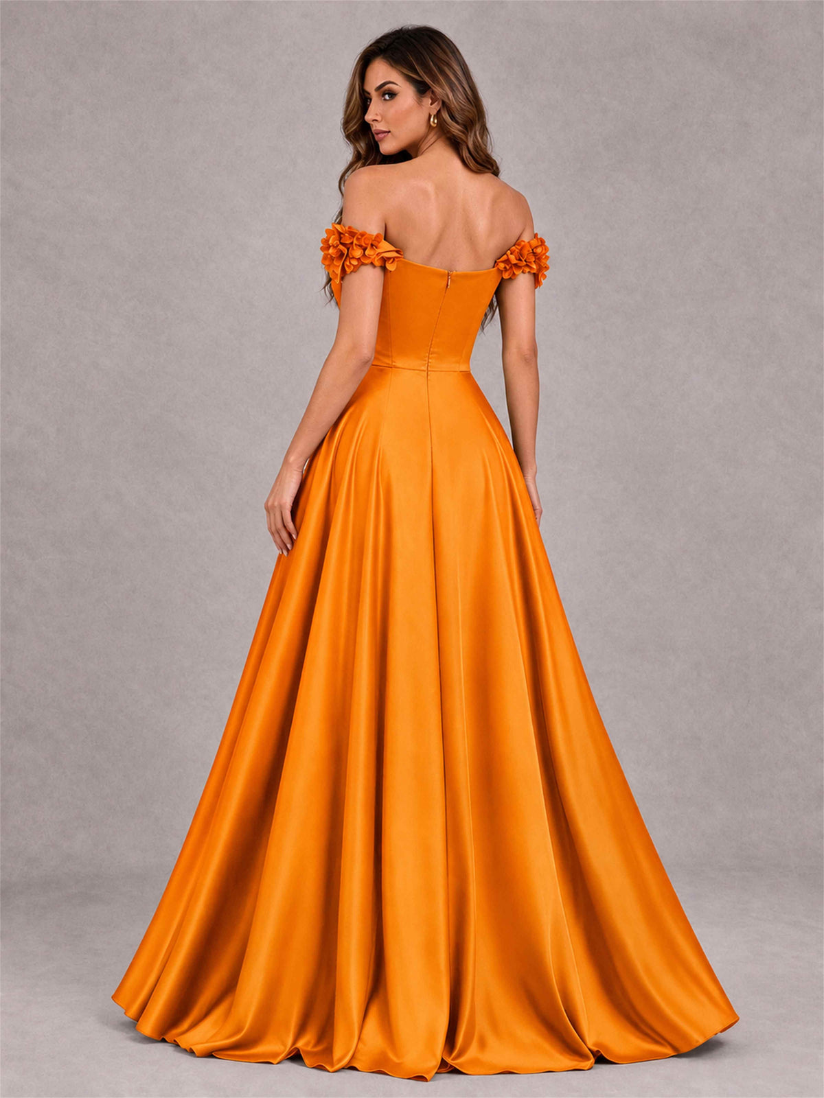 3D Flower Off the Shoulder A Line Satin Pleated Evening Dress with Split Side