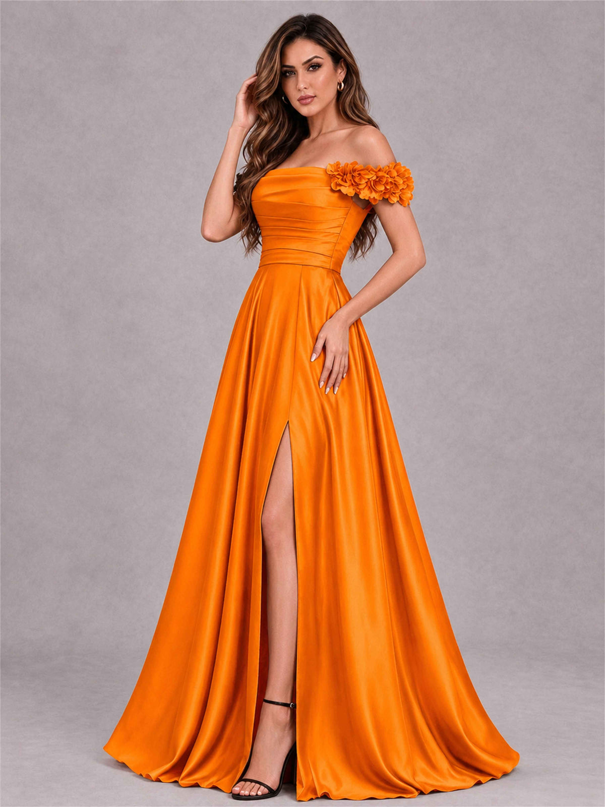 3D Flower Off the Shoulder A Line Satin Pleated Evening Dress with Split Side