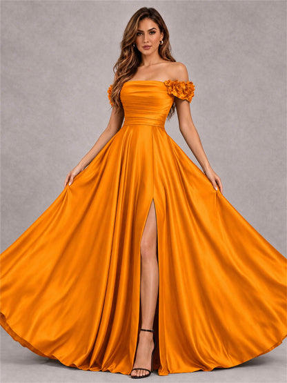 3D Flower Off the Shoulder A Line Satin Pleated Evening Dress with Split Side