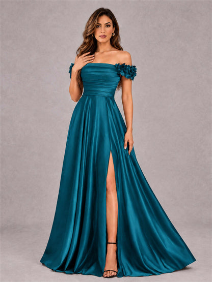 3D Flower Off the Shoulder A Line Satin Pleated Evening Dress with Split Side