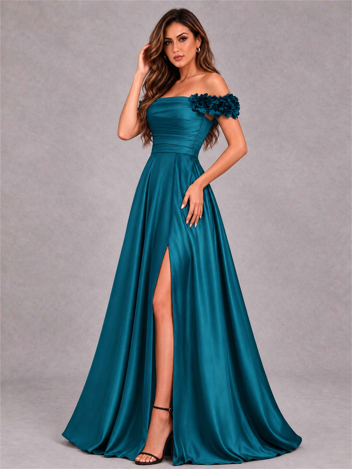 3D Flower Off the Shoulder A Line Satin Pleated Evening Dress with Split Side