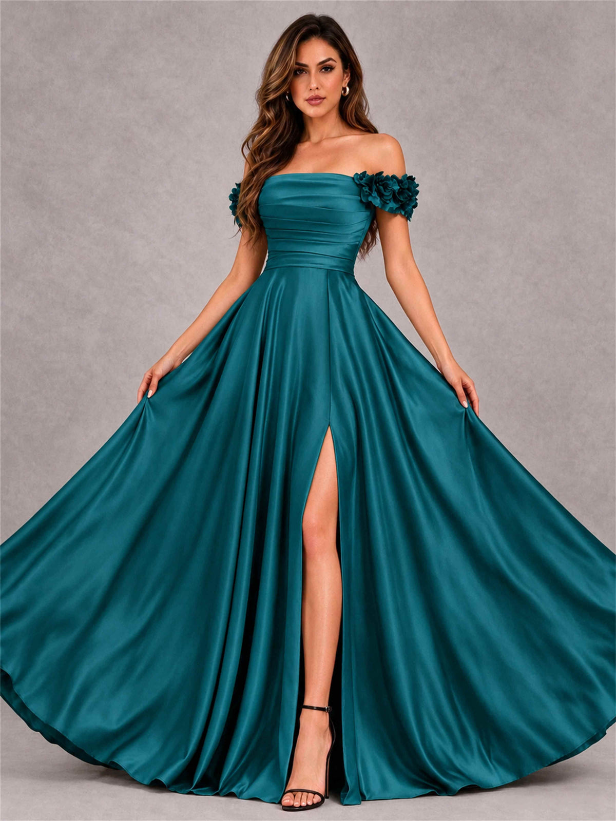 3D Flower Off the Shoulder A Line Satin Pleated Evening Dress with Split Side