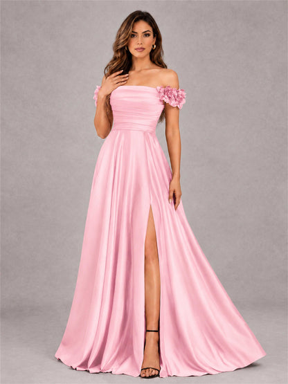 3D Flower Off the Shoulder A Line Satin Pleated Evening Dress with Split Side