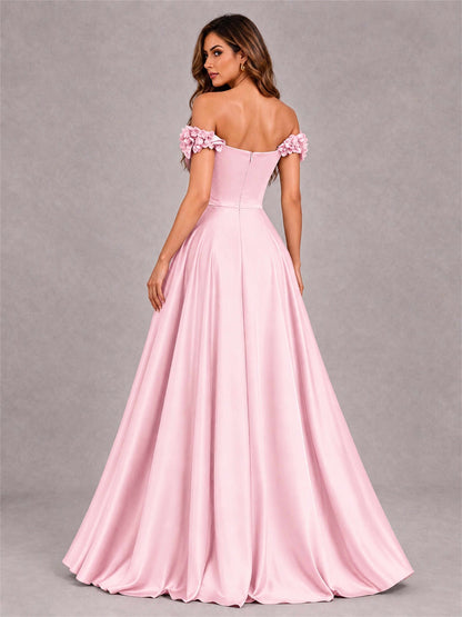 3D Flower Off the Shoulder A Line Satin Pleated Evening Dress with Split Side