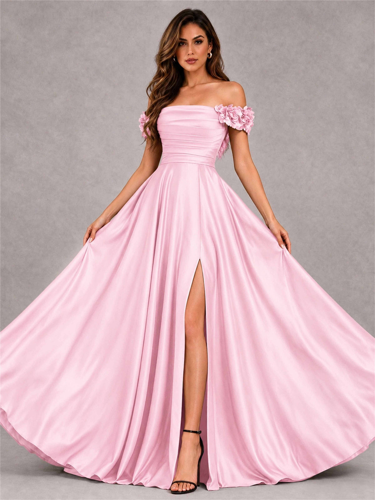 3D Flower Off the Shoulder A Line Satin Pleated Evening Dress with Split Side