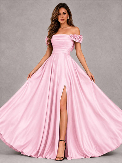 3D Flower Off the Shoulder A Line Satin Pleated Evening Dress with Split Side