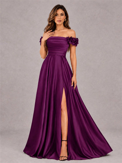 3D Flower Off the Shoulder A Line Satin Pleated Evening Dress with Split Side