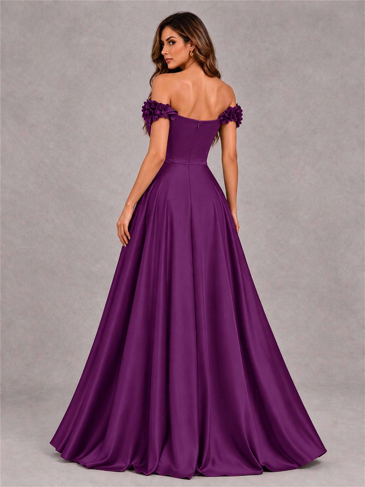 3D Flower Off the Shoulder A Line Satin Pleated Evening Dress with Split Side