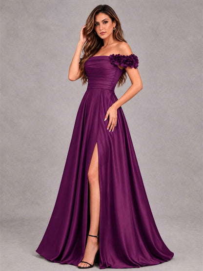 3D Flower Off the Shoulder A Line Satin Pleated Evening Dress with Split Side