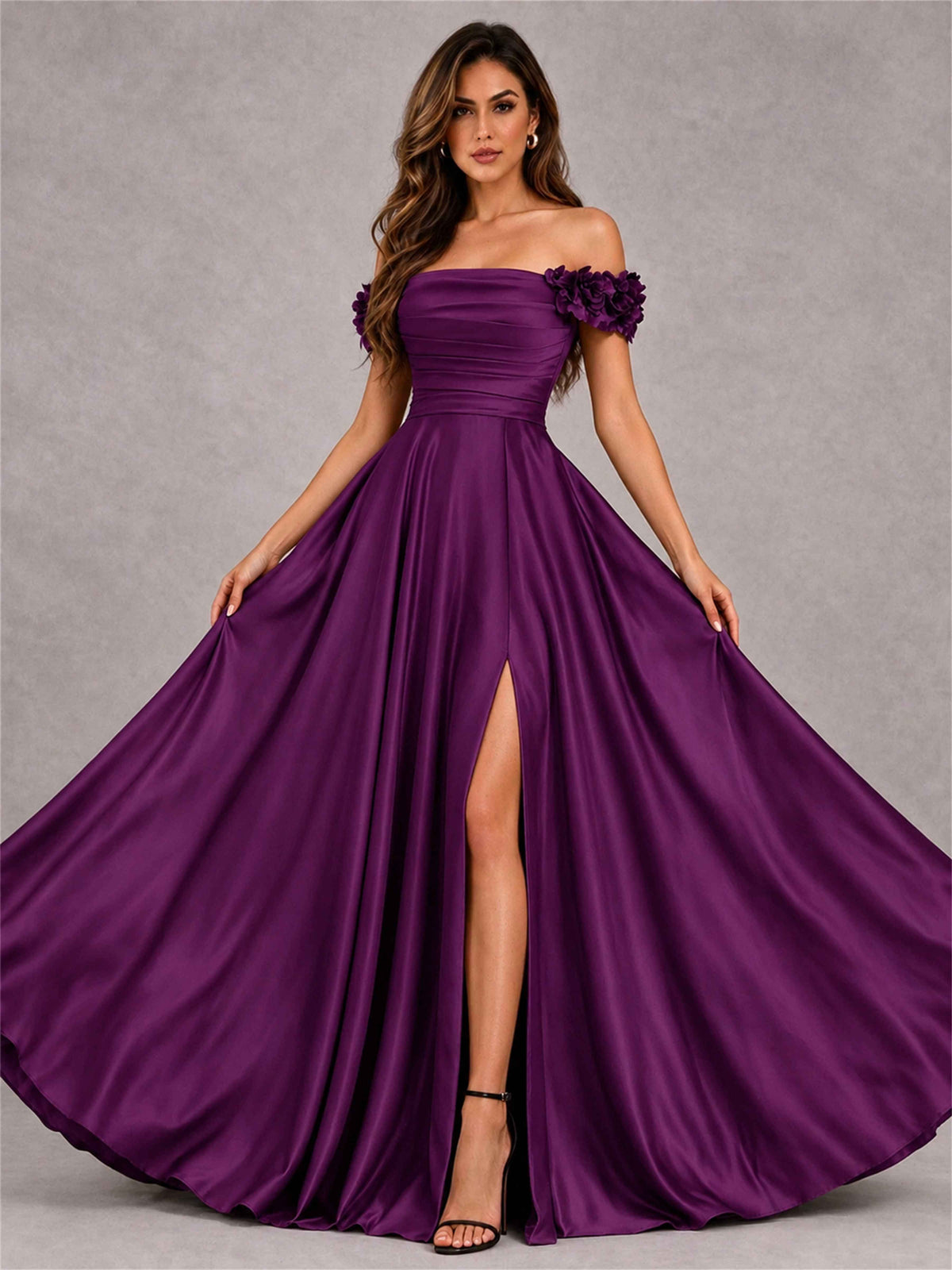 3D Flower Off the Shoulder A Line Satin Pleated Evening Dress with Split Side
