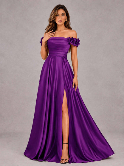 3D Flower Off the Shoulder A Line Satin Pleated Evening Dress with Split Side