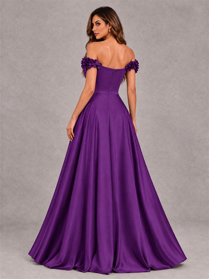 3D Flower Off the Shoulder A Line Satin Pleated Evening Dress with Split Side
