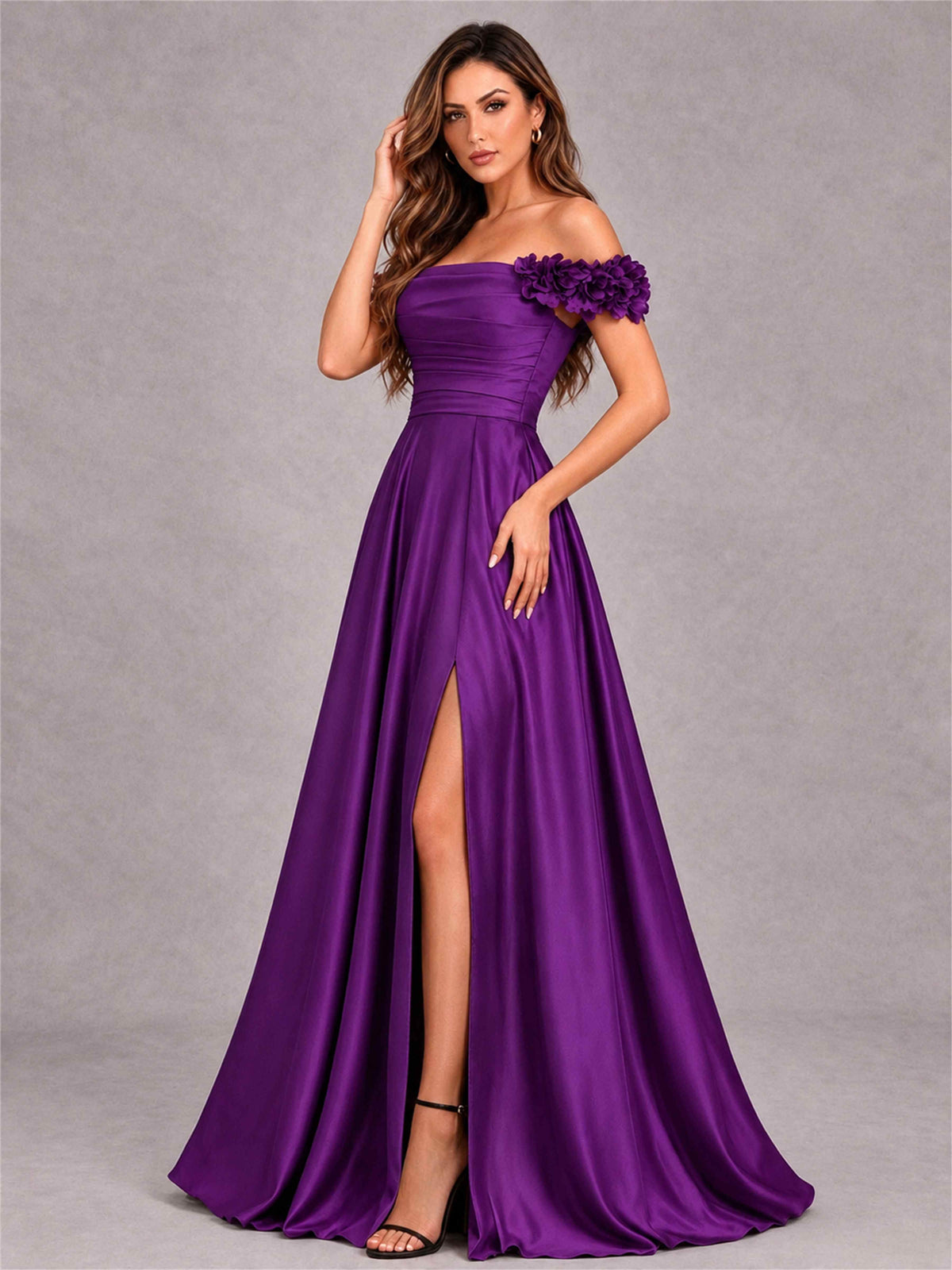 3D Flower Off the Shoulder A Line Satin Pleated Evening Dress with Split Side