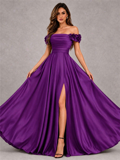 3D Flower Off the Shoulder A Line Satin Pleated Evening Dress with Split Side