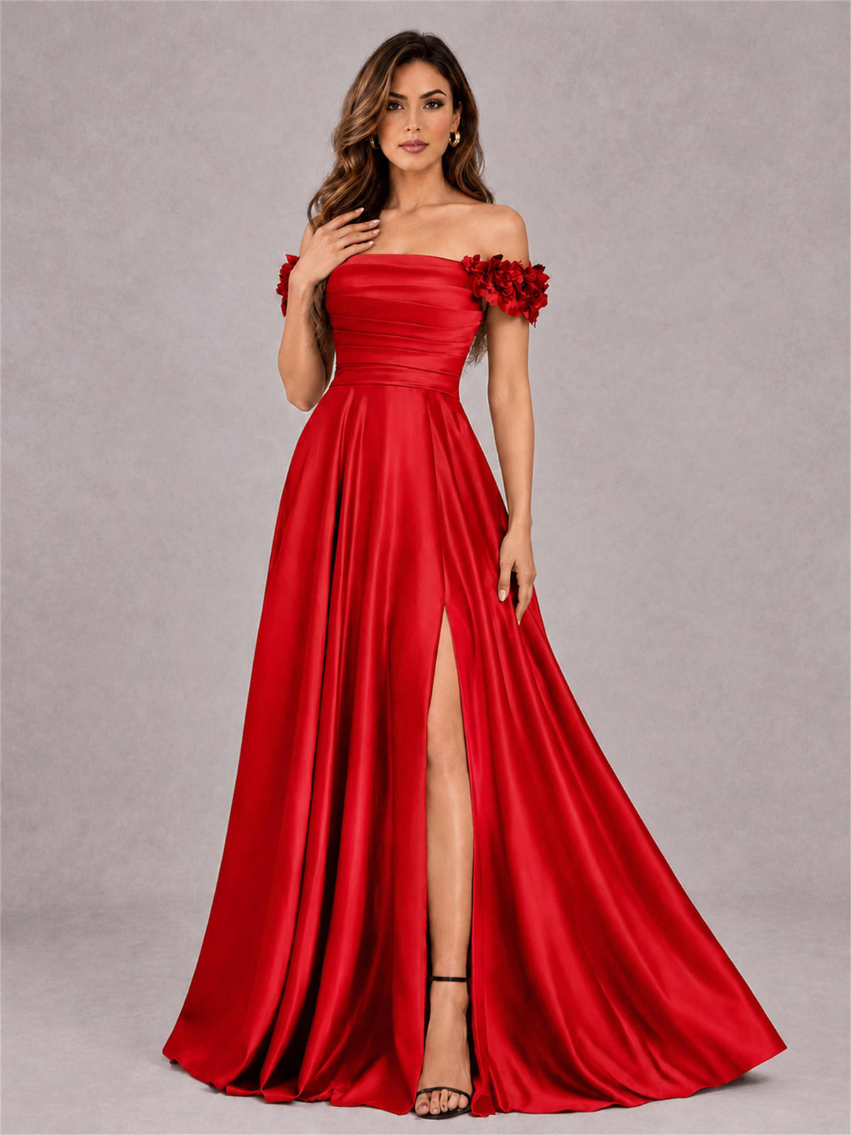 3D Flower Off the Shoulder A Line Satin Pleated Evening Dress with Split Side