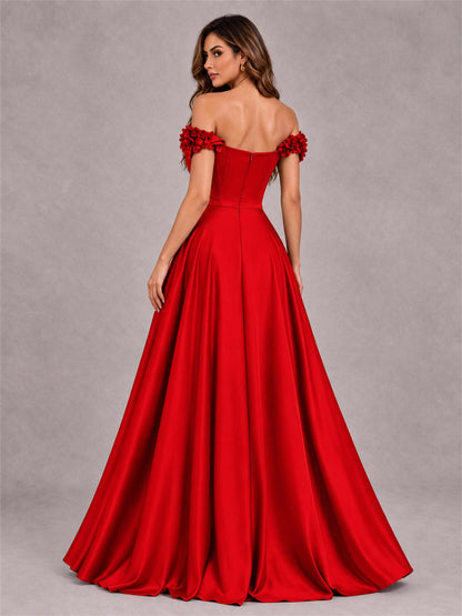 3D Flower Off the Shoulder A Line Satin Pleated Evening Dress with Split Side