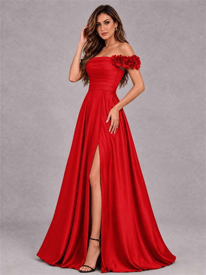 3D Flower Off the Shoulder A Line Satin Pleated Evening Dress with Split Side
