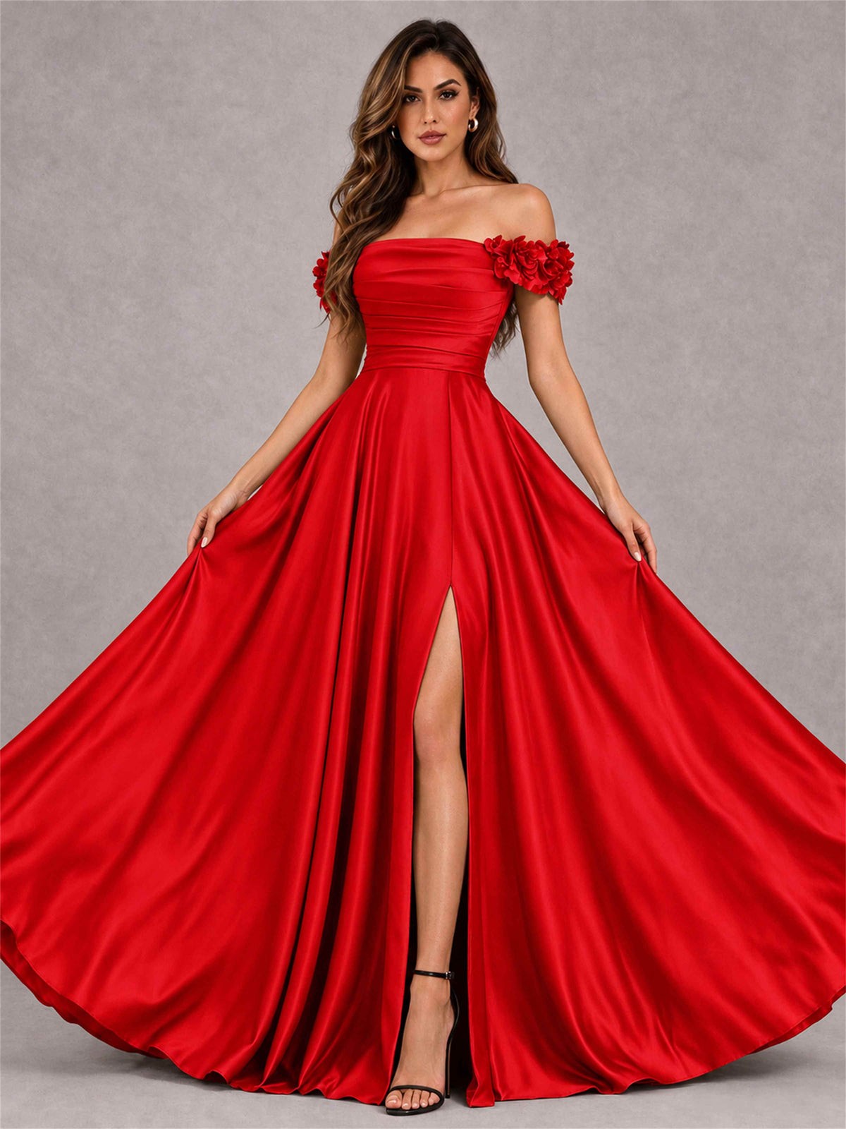 3D Flower Off the Shoulder A Line Satin Pleated Evening Dress with Split Side