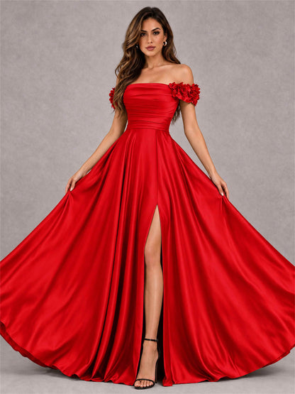 3D Flower Off the Shoulder A Line Satin Pleated Evening Dress with Split Side