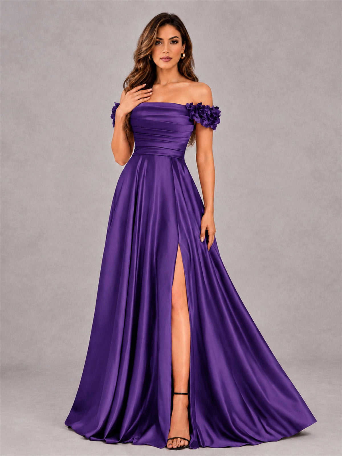 3D Flower Off the Shoulder A Line Satin Pleated Evening Dress with Split Side