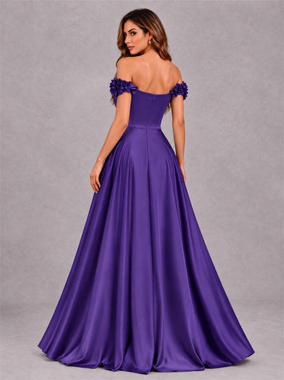 3D Flower Off the Shoulder A Line Satin Pleated Evening Dress with Split Side