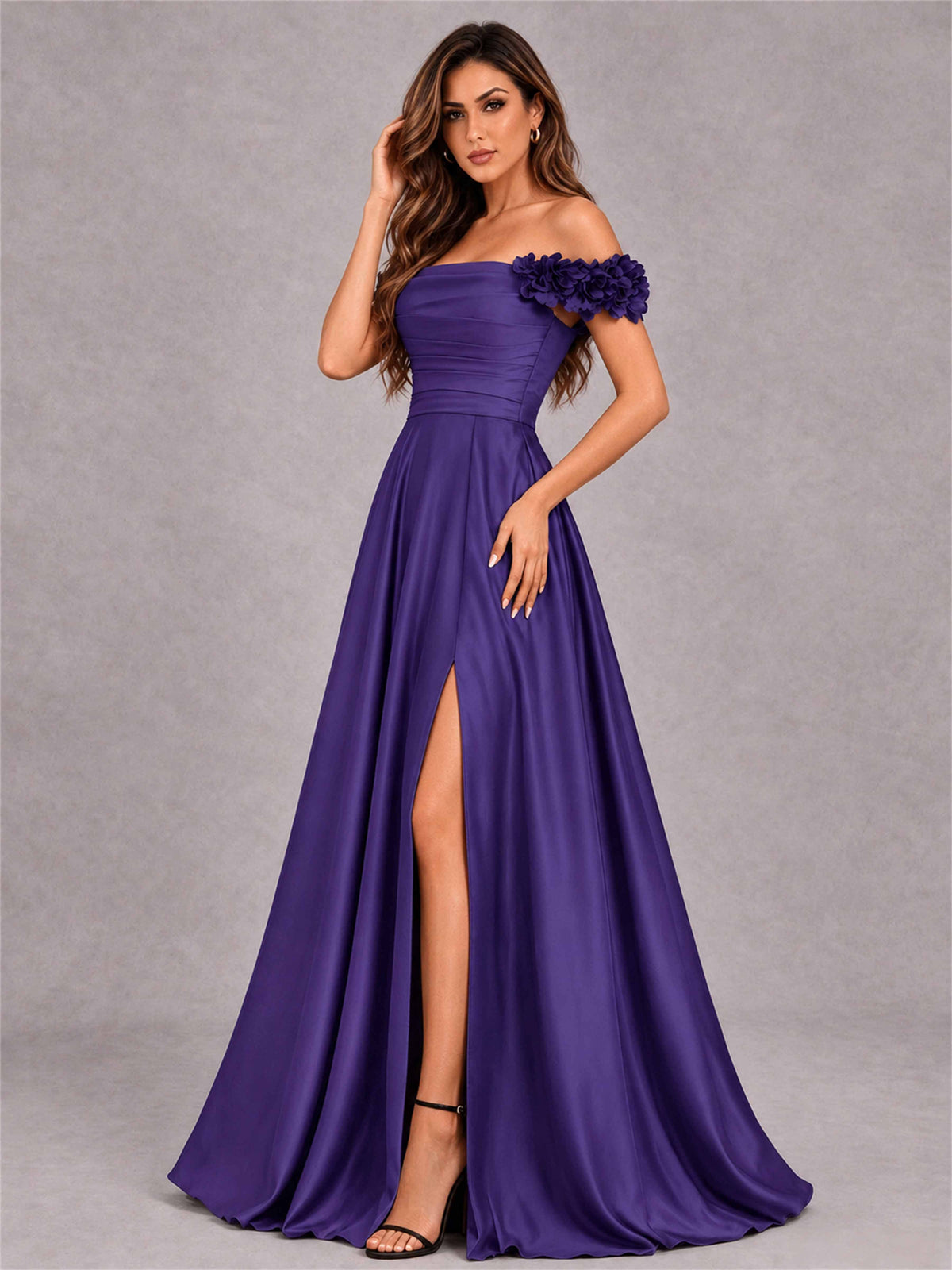 3D Flower Off the Shoulder A Line Satin Pleated Evening Dress with Split Side