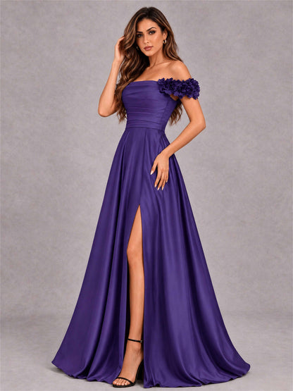 3D Flower Off the Shoulder A Line Satin Pleated Evening Dress with Split Side