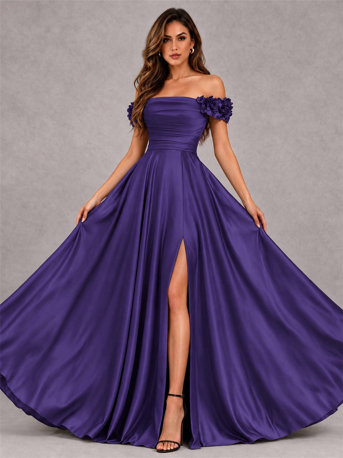 3D Flower Off the Shoulder A Line Satin Pleated Evening Dress with Split Side