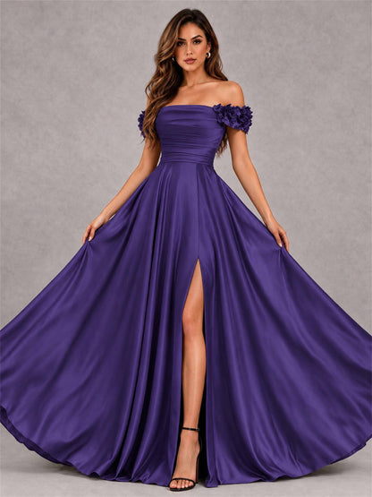 3D Flower Off the Shoulder A Line Satin Pleated Evening Dress with Split Side