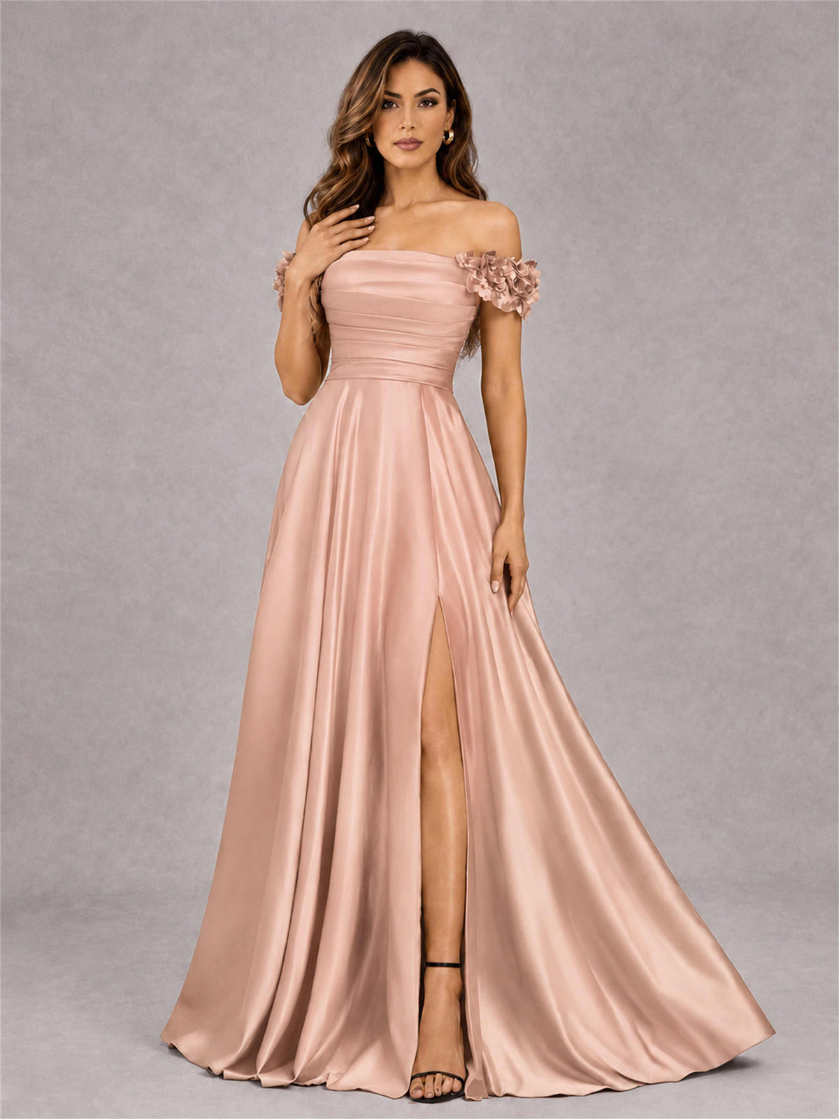 3D Flower Off the Shoulder A Line Satin Pleated Evening Dress with Split Side