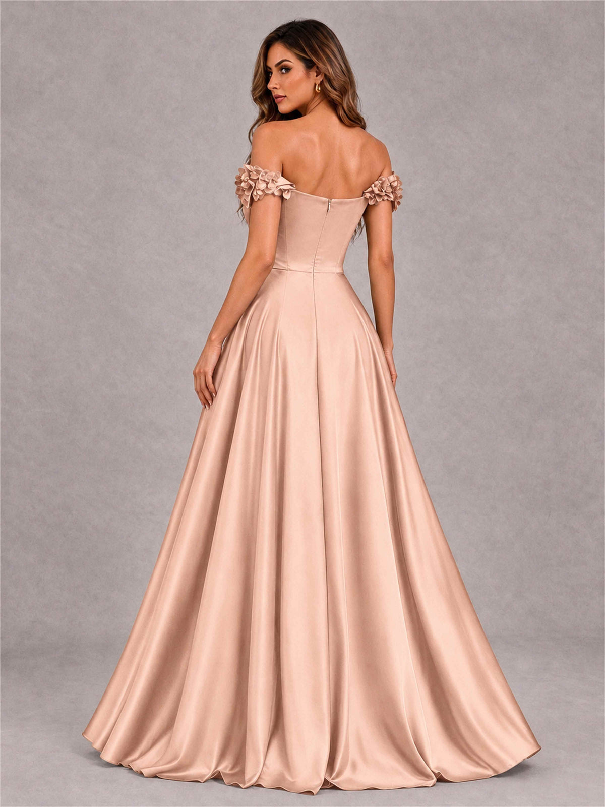 3D Flower Off the Shoulder A Line Satin Pleated Evening Dress with Split Side