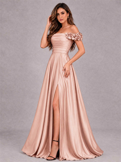 3D Flower Off the Shoulder A Line Satin Pleated Evening Dress with Split Side