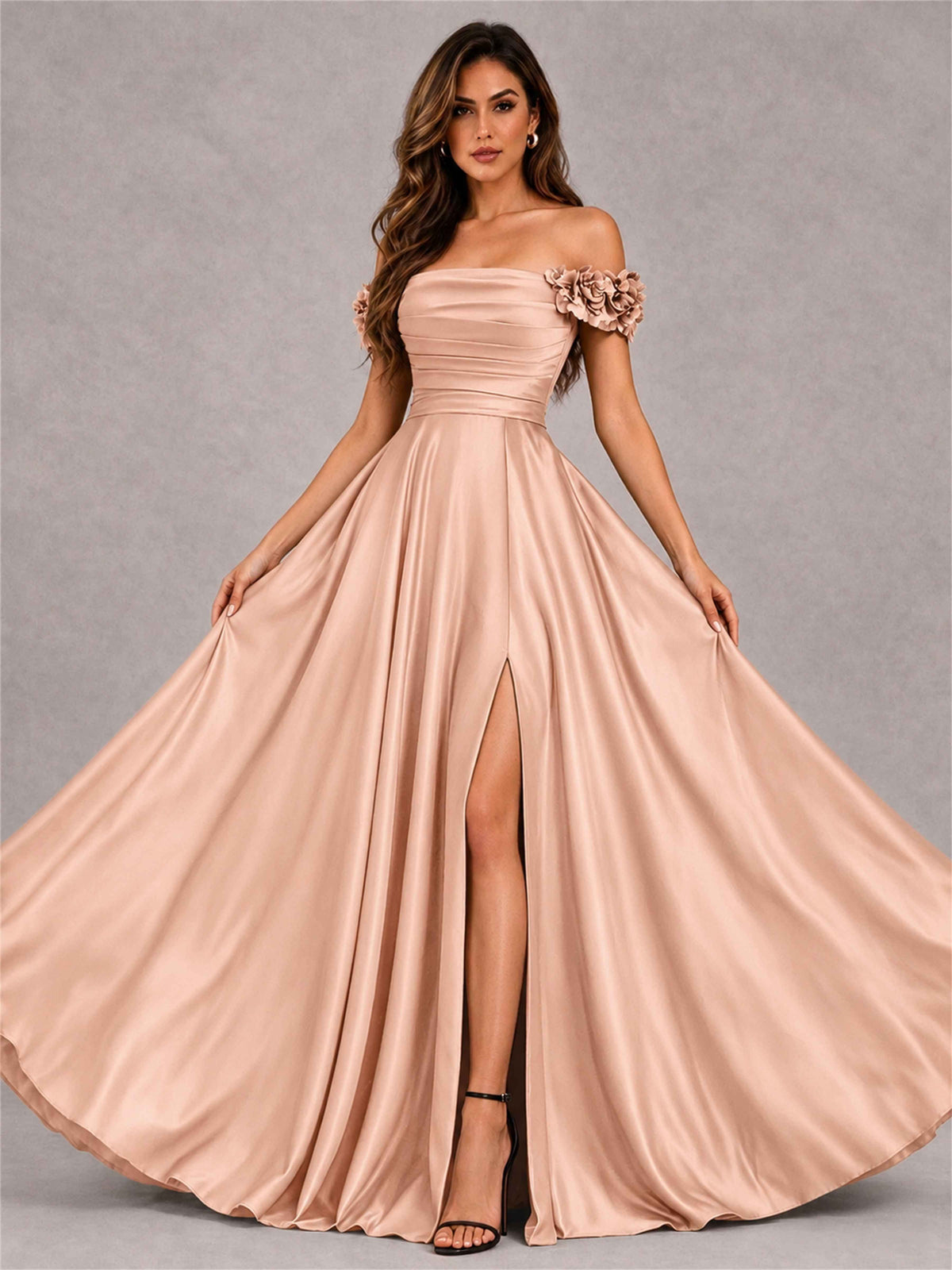 3D Flower Off the Shoulder A Line Satin Pleated Evening Dress with Split Side