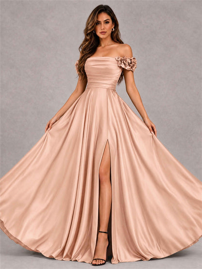 3D Flower Off the Shoulder A Line Satin Pleated Evening Dress with Split Side
