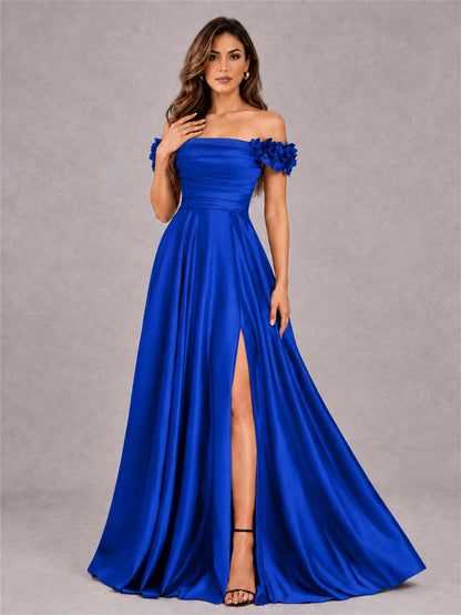 3D Flower Off the Shoulder A Line Satin Pleated Evening Dress with Split Side
