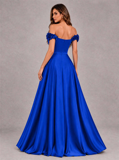 3D Flower Off the Shoulder A Line Satin Pleated Evening Dress with Split Side